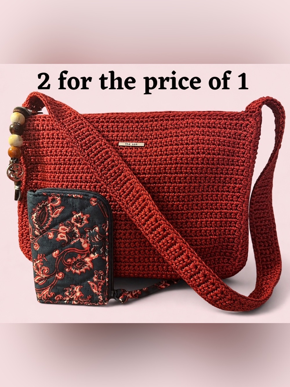 The Sak Handwoven Ruby Red Shoulder Bag w/Silver-tone Peace Bag Charm/Key Ring
